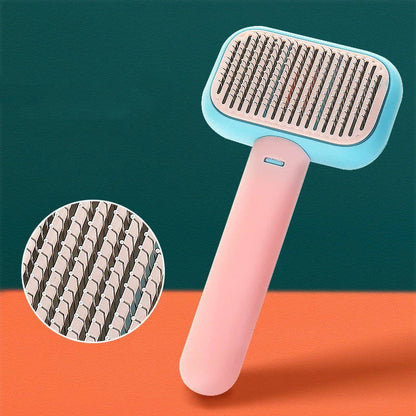 Premium pet hair brush and massage comb for cats and dogs in grey, pink, and green colors