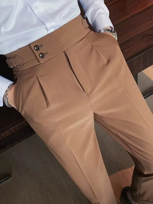 Retro high waist straight leg casual trousers in cotton blend fabric, shown in black, brown, grey or white.