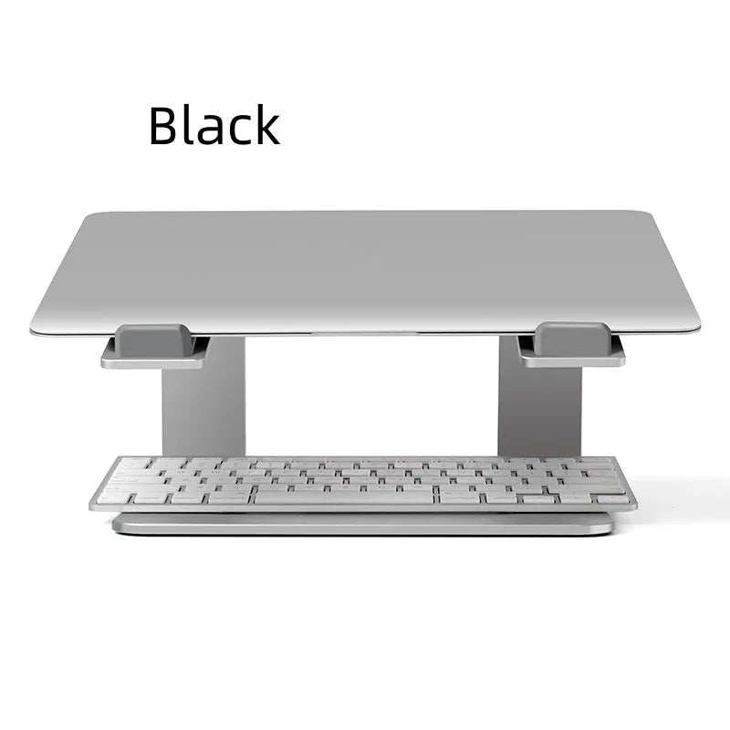 Black aluminium alloy laptop stand on a desk, showing its raised platform and open base design.
