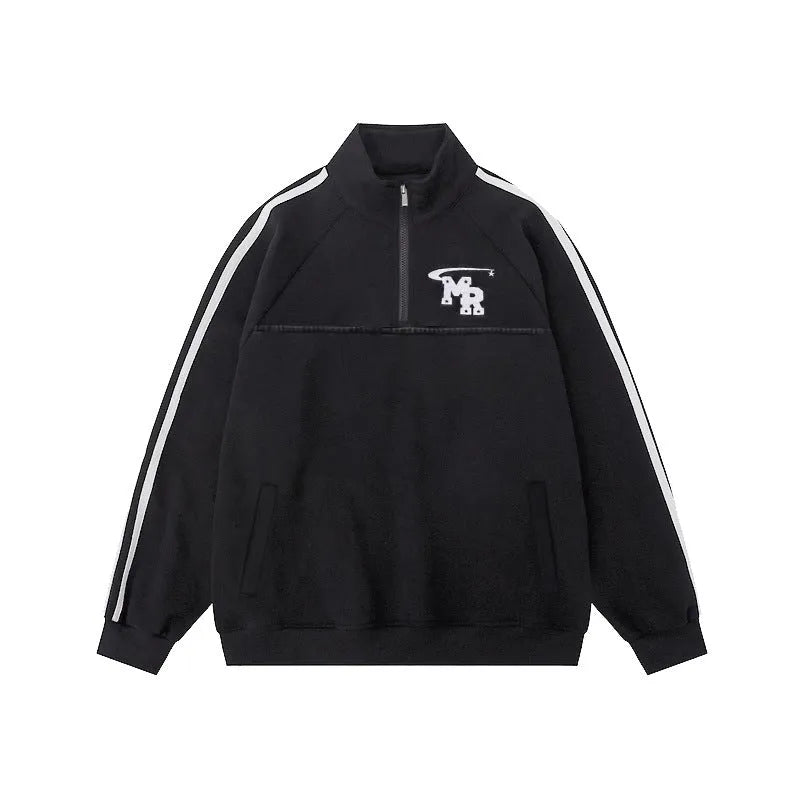 Black stand collar polyester hoodie with long sleeves and Hong Kong style design for sports wear