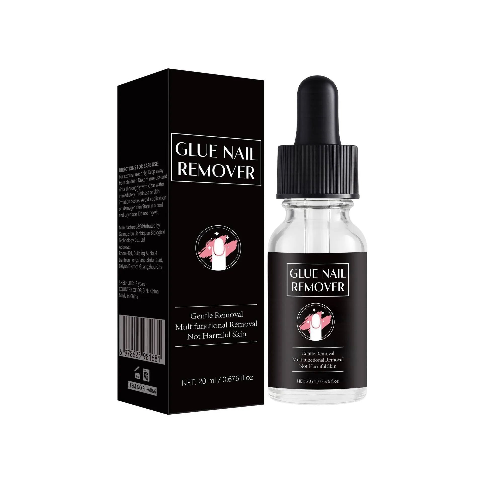 FP-A066 specification nail glue remover in a 20ml plastic bottle.