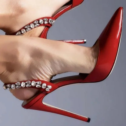 Women's black patent leather pointed toe sandals with rhinestone embellishments on an 11cm heel.