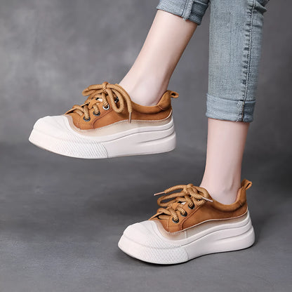 Women's yellow and brown cow leather lace-up casual shoes with round toe