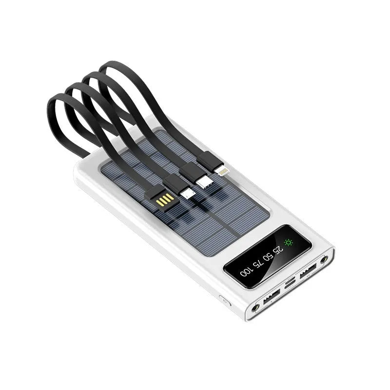 Black solar power bank with built-in charging cable showing solar panel and 20000mAh capacity label