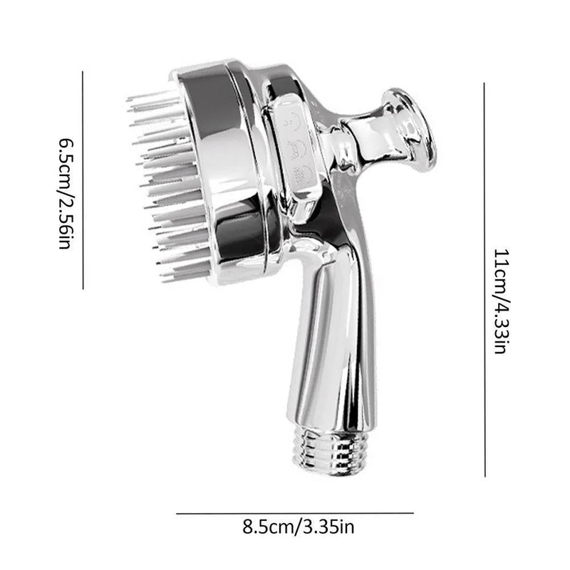 Dog shower attachment combines a 2-in-1 shower hose extension with a soft silicone grooming comb for easier dog bathing, featuring ergonomic rubber grip handles in a silver colour for secure control during wash and rinse cycles.