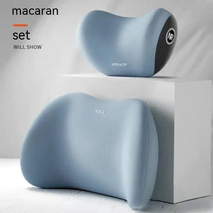 Car headrest pillow and lumbar support pillow set in a choice of five colours on a car seat.