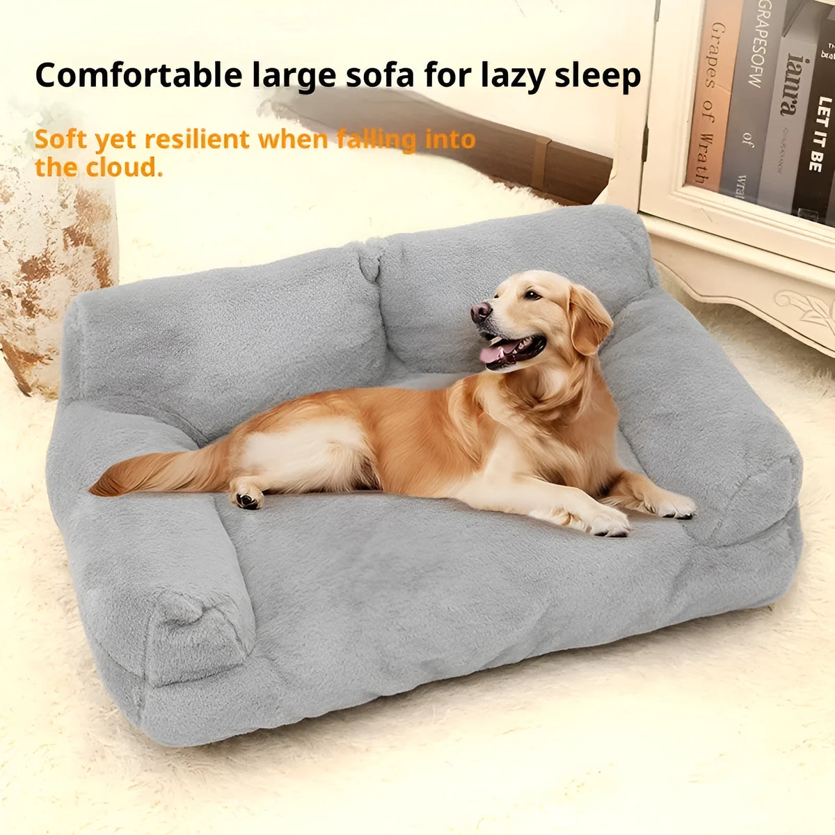 Rabbit plush sofa-style dog pet bed in pink, milky white, golden brown or light grey, four sizes