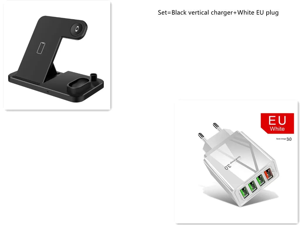 4-in-1 wireless charging station with adjustable magnetic stand charging phone, watch, earbuds, and stylus on a desk