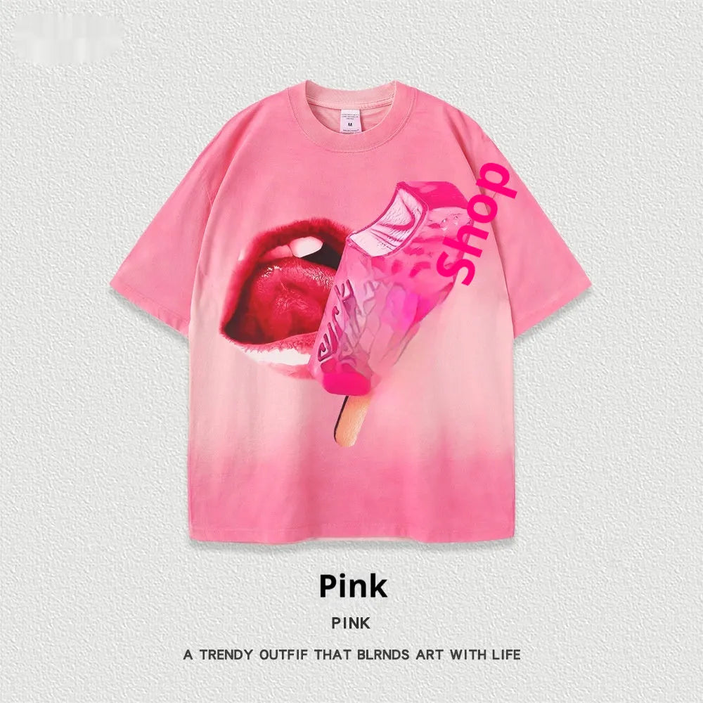 A loose-fit heavy washed cotton T-shirt with a cartoon print, shown in a selection of available colours.