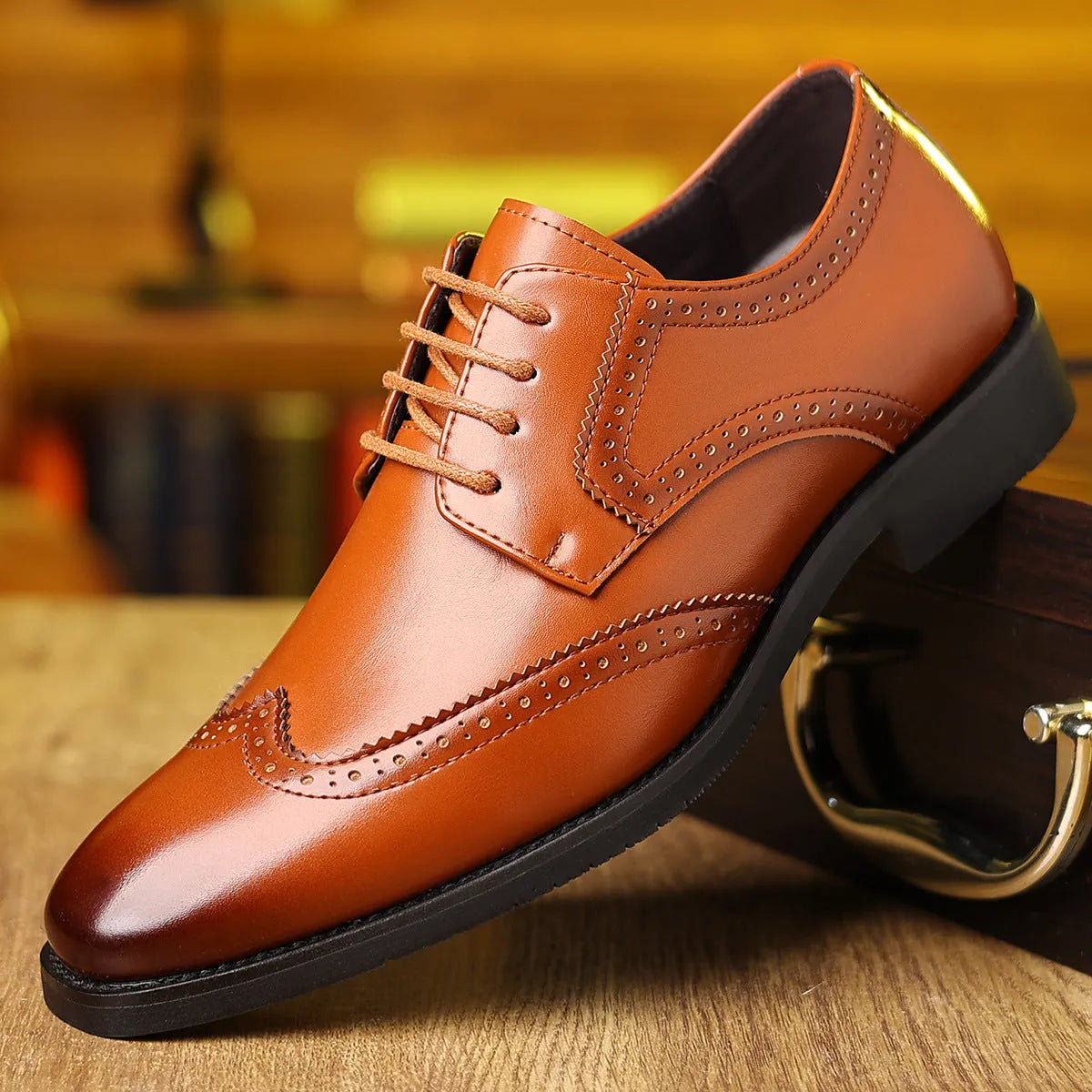 Men's soft-soled business shoes in black or light brown with artificial PU upper and rubber outsole, sizes 39-48