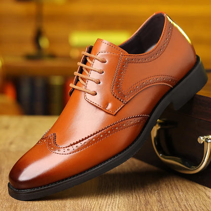 Men's soft-soled business shoes in black or light brown with artificial PU upper and rubber outsole, sizes 39-48