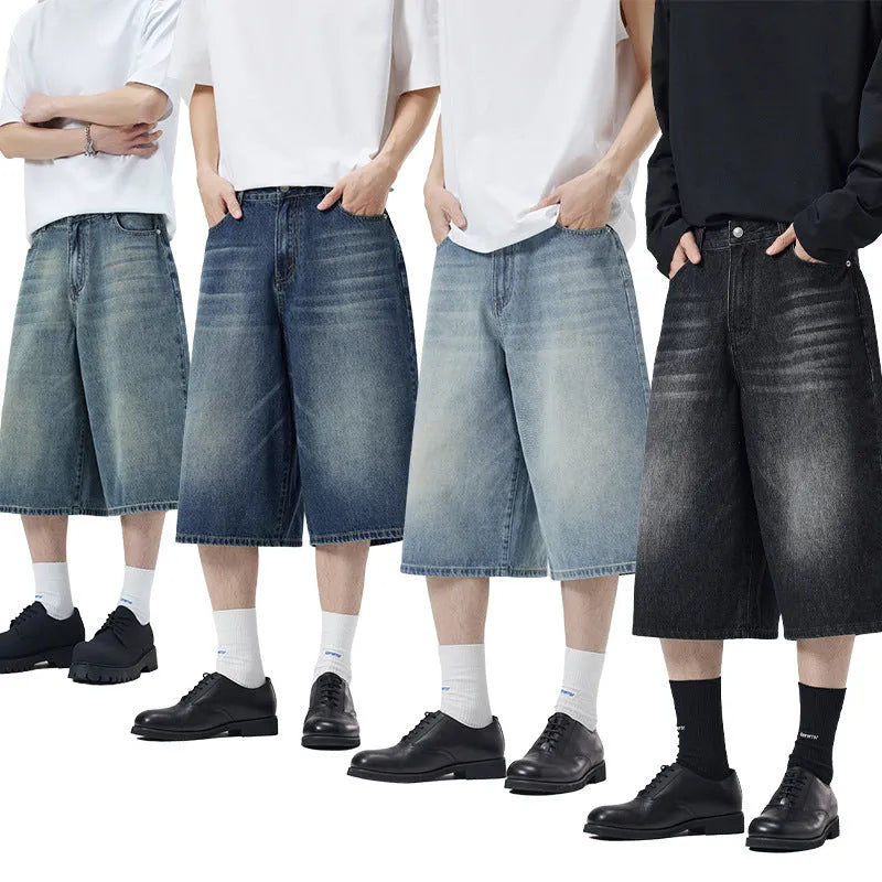 Men's loose straight denim shorts in cropped length with straight-leg cut, available in five colours