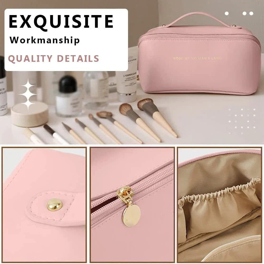 Premium PU leather cosmetic bag with large capacity, versatile storage, and water-resistant design for modern women on the go
