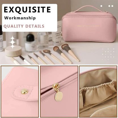 Premium PU leather cosmetic bag with large capacity, versatile storage, and water-resistant design for modern women on the go