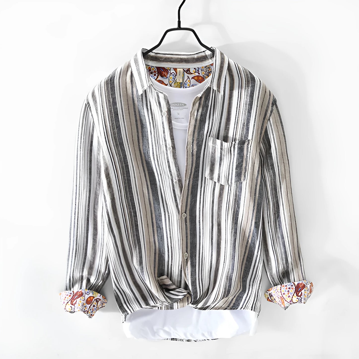 Men's grey striped linen shirt with long sleeves and loose casual fit