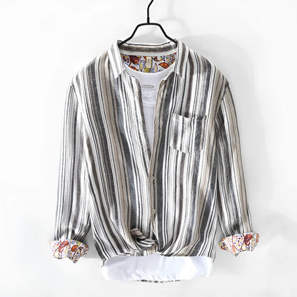 Men's grey striped linen shirt with long sleeves and loose casual fit