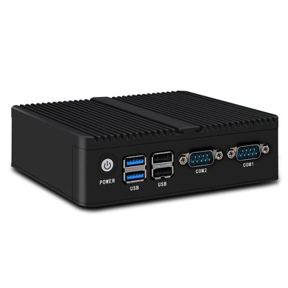 Industrial fanless quad-core mini-host with compact 13.6cm dimensions and dual-network ports