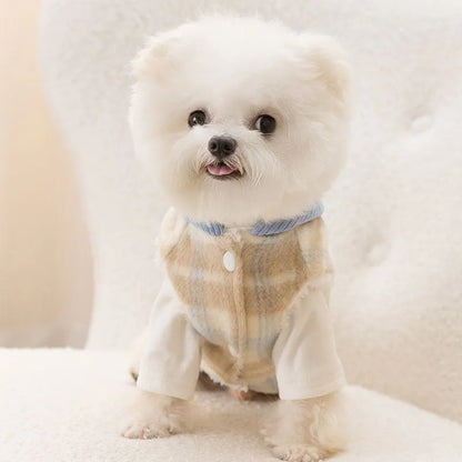 Blue corduroy chessboard grid pet hooded vest with traction hood for dog