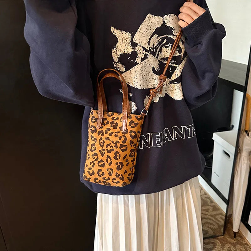 Women's Crossbody Bag Retro Leopard Print Shoulder Bag Square Vertical PU Suede Phone Bag with 166cm Strap in Khaki Brown Leopard Print and Brown