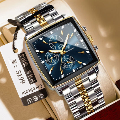 Square men's business watch with stainless steel strap and alloy case in a gold and blue colour variant.