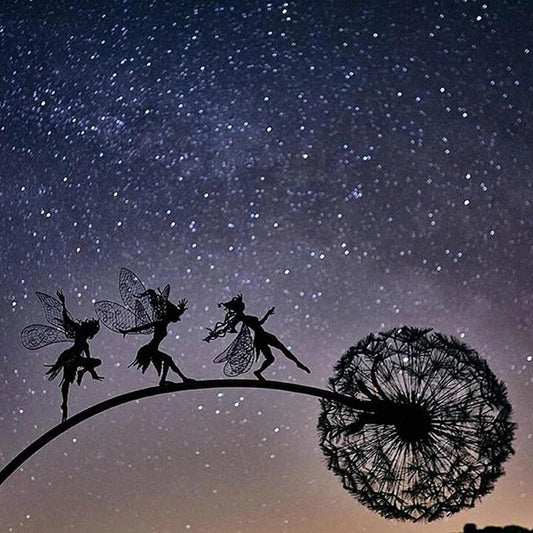 Enchanting fairy garden sculptures made of metal, featuring playful designs of fairies and pixies among dandelions and flowers.