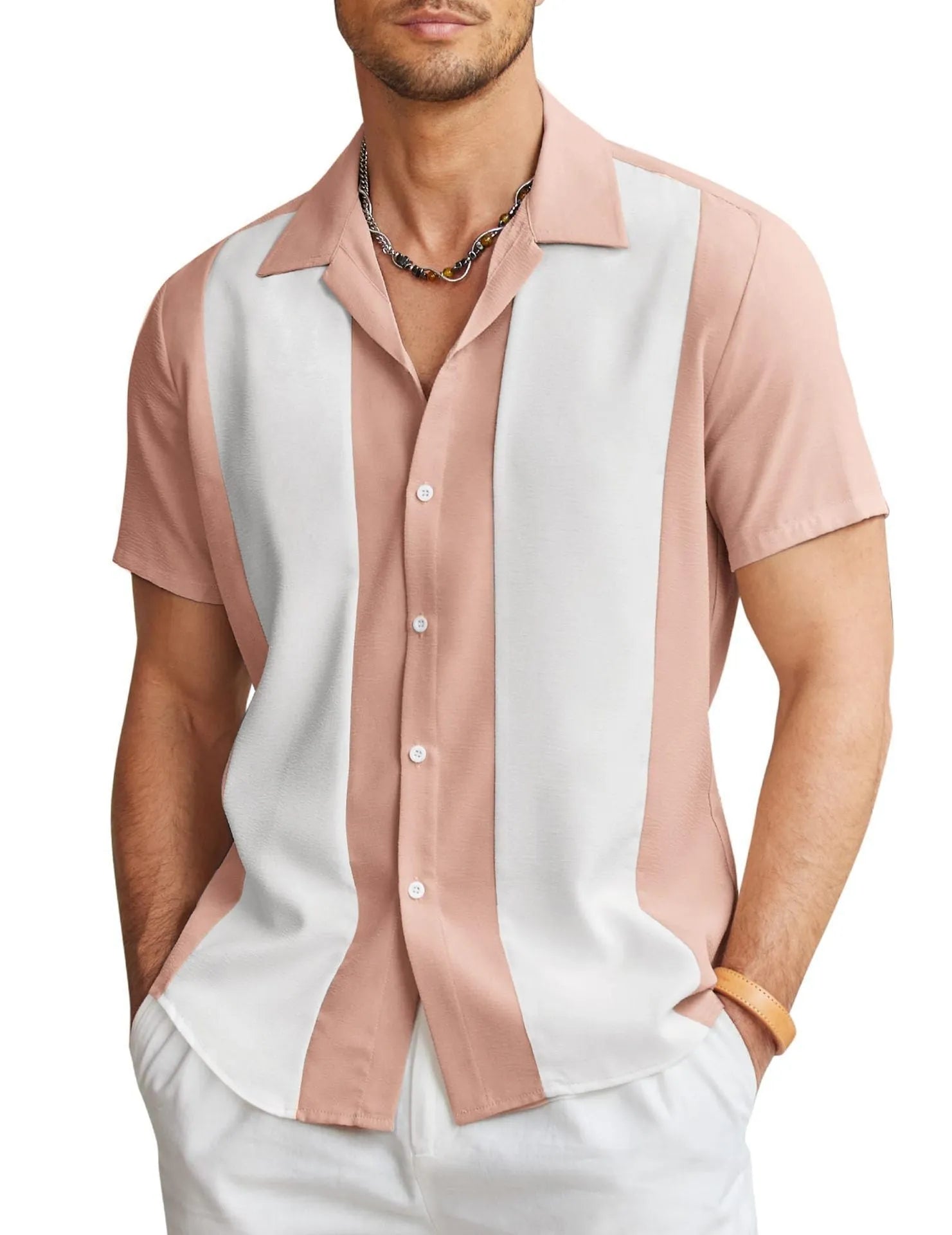 Man wearing a slim fit, short sleeve Hawaiian shirt with a digital print pattern in a casual setting