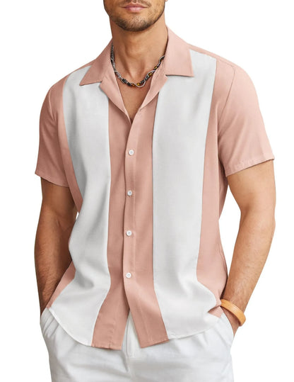 Man wearing a slim fit, short sleeve Hawaiian shirt with a digital print pattern in a casual setting