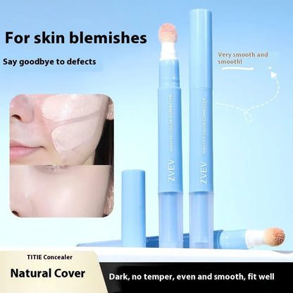 Concealer tube with sponge brush applicator in three colour options for skin tone correction