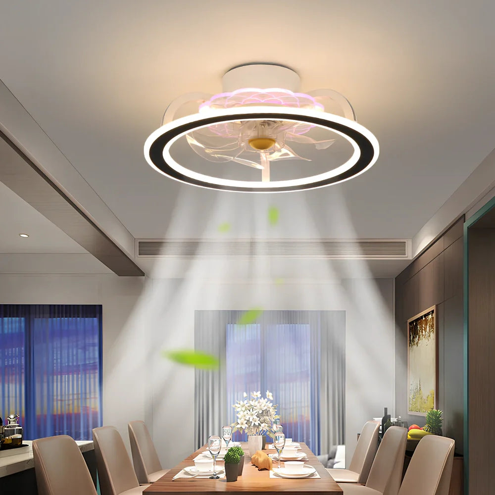 Modern bedroom ceiling fan lamp in white circle with metal blades and Yake shade, 80cm diameter for 220V use