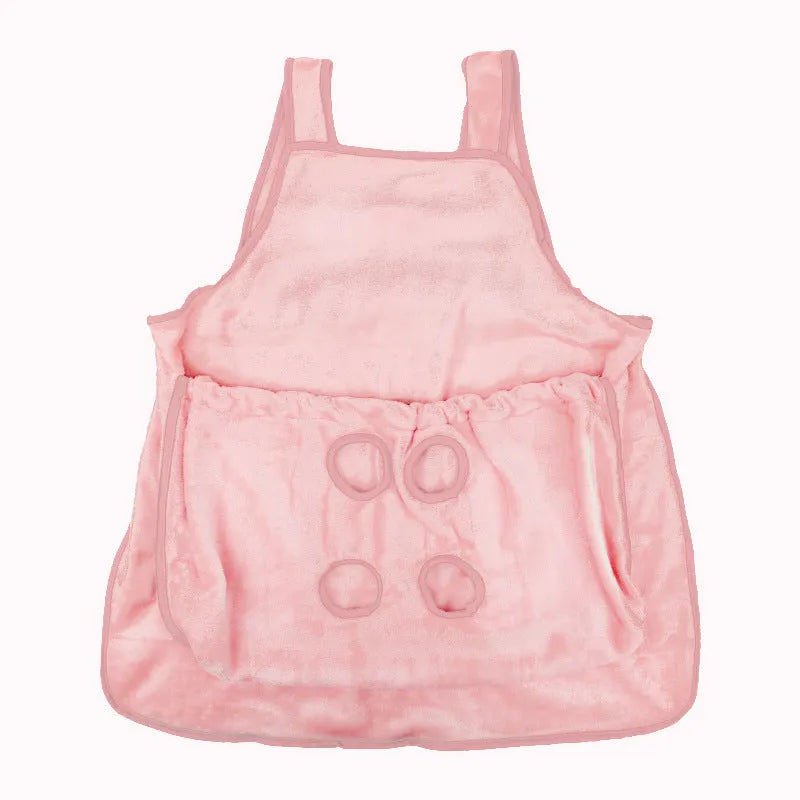 Beige plush pet carrier apron with adjustable neck strap and fresh air opening for small cat or dog