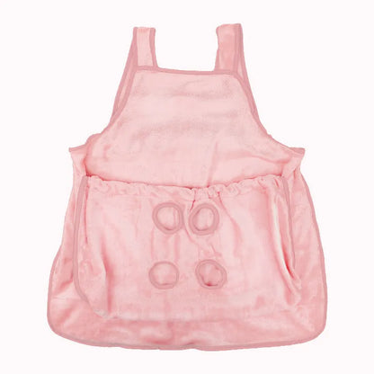 Beige plush pet carrier apron with adjustable neck strap and fresh air opening for small cat or dog