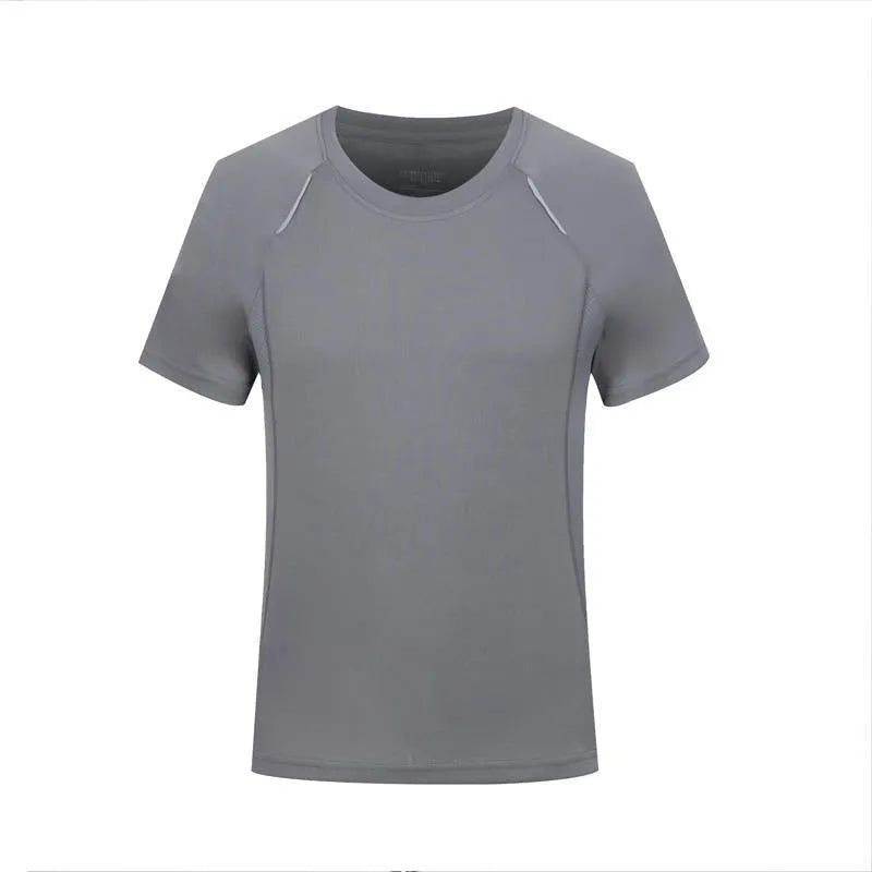 Men's slim fit quick-dry T-shirt in grey, showing round neck and short sleeve design.