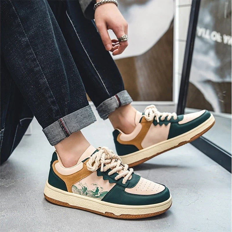 Comfortable lace-up casual shoes for men in various colors featuring soft, thick soles, breathable mesh lining, and stylish stitching details