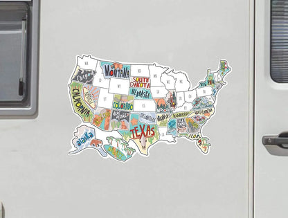 Travel-themed car body sticker set with world map design in letters format and white background