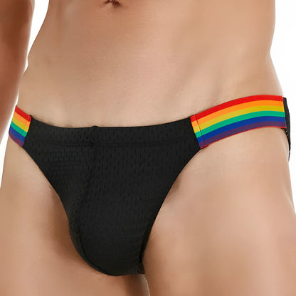 Men's black nylon mesh briefs with a low waist and multicoloured rainbow waistband
