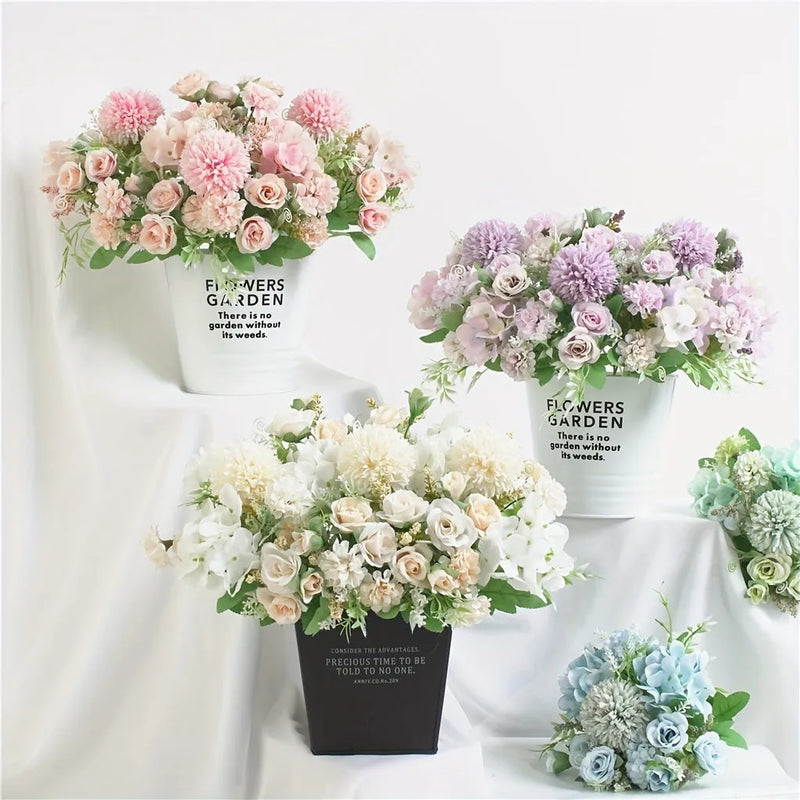 Artificial Hydrangea Flowers Combination Arrangement - Silk Flower and Plastic Flower Mix - 1pc or 4pc Options - Multi-Purpose Home Decor Centerpiece in Blue, Green, Pink, Purple or White
