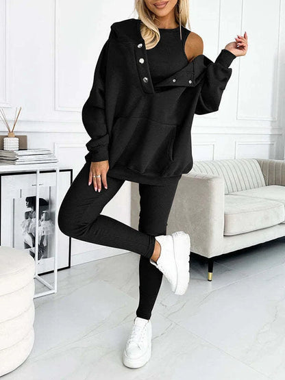 Women's 3-piece sports suit with hooded sweatshirt, vest, and slim trousers in various colours