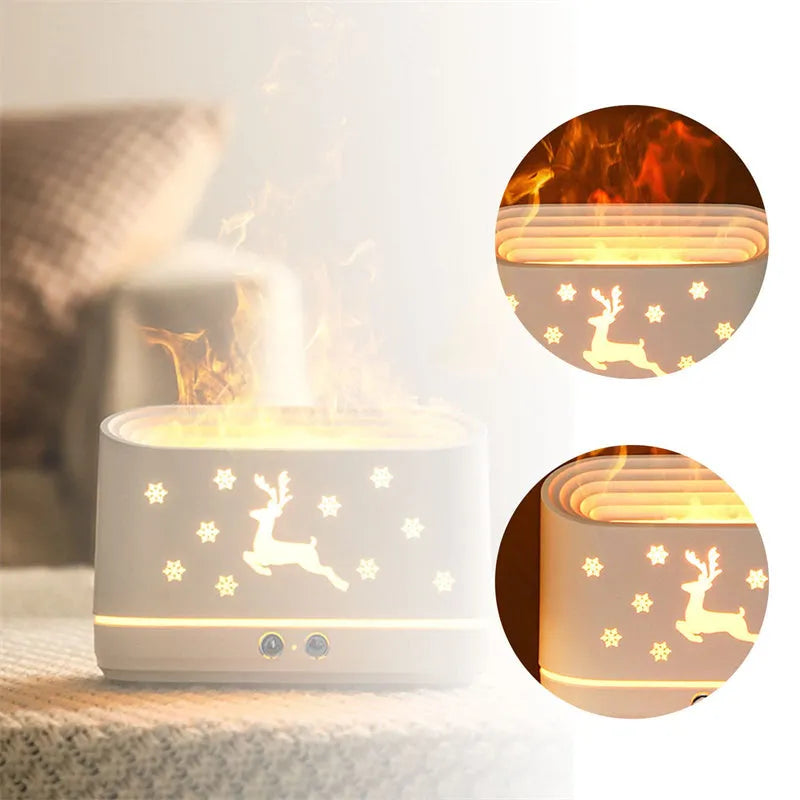 White round Elk flame effect humidifier and essential oil diffuser on a surface with mist and light on.