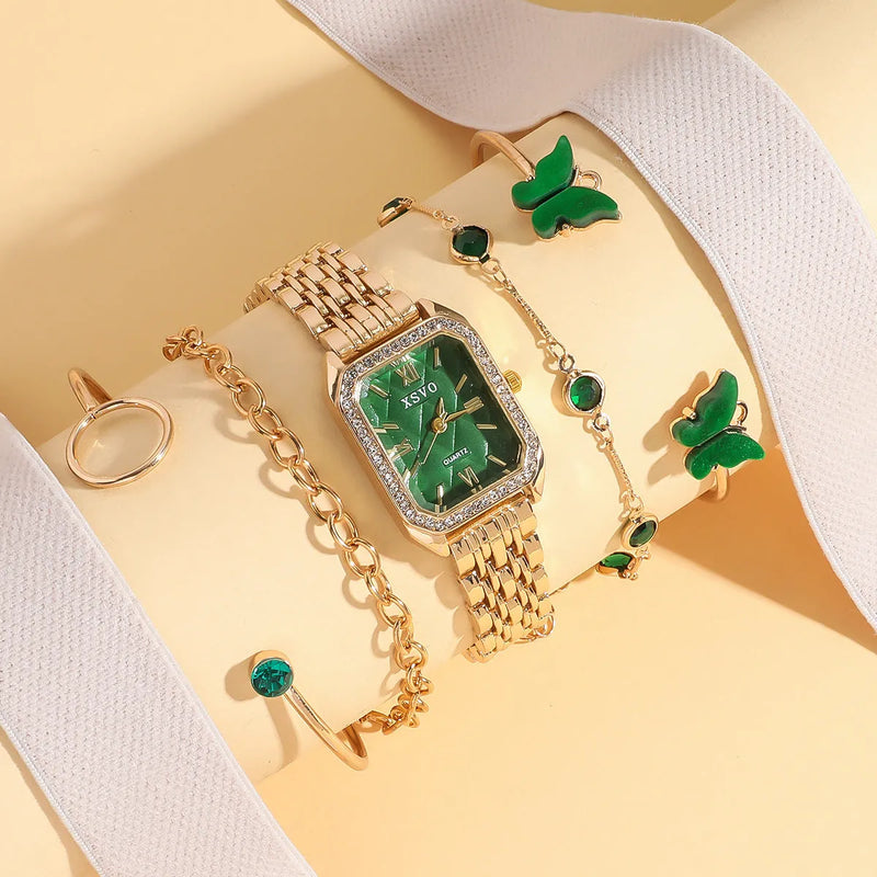 Women's square steel watch set with four matching butterfly bracelets in gold green finish - 25mm square dial alloy case jewellery buckle 9mm thickness fashion style gift set for women