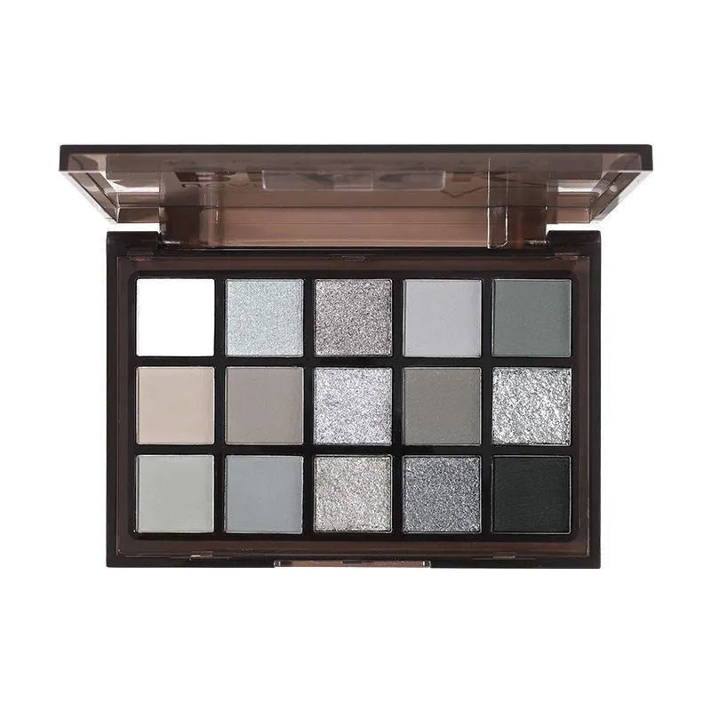 15-colour eyeshadow palette showing brown and blue tones with shimmer and matte finishes