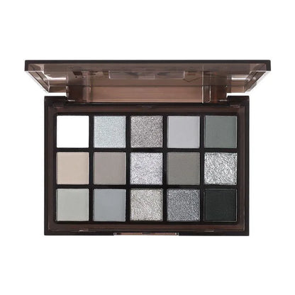 15-colour eyeshadow palette showing brown and blue tones with shimmer and matte finishes