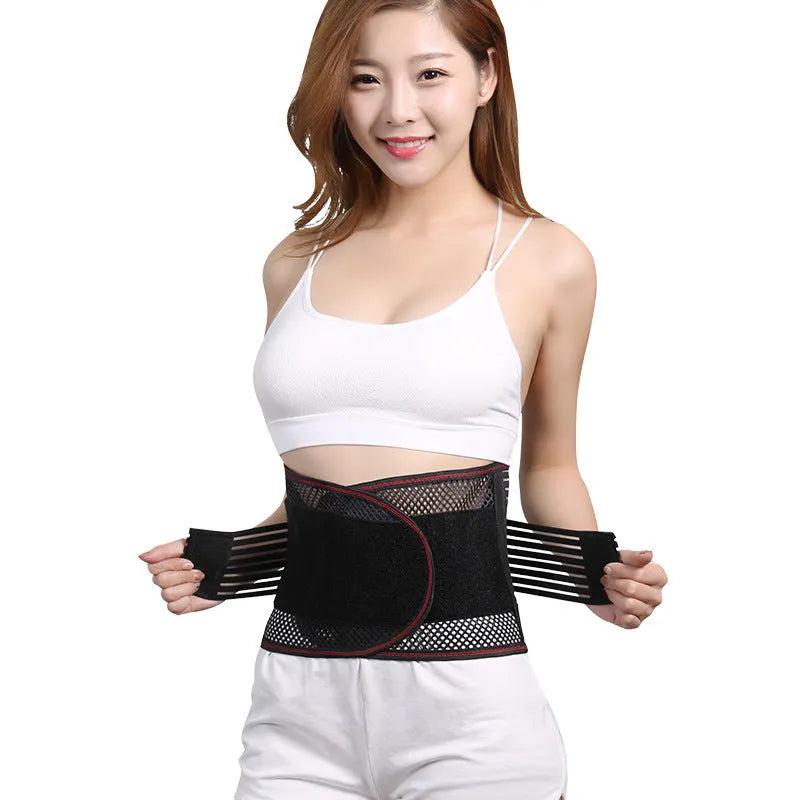 Black sports waist support belt with steel plate for adult lumbar decompression during fitness and sports.