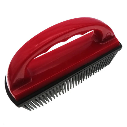 Red pet grooming brush with massage nodes for hair removal during dog or cat baths.