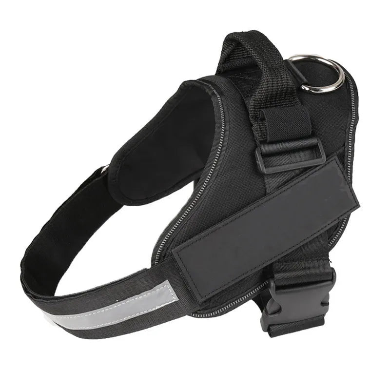 Adjustable reflective nylon dog harness vest with a sturdy handle and chest strap, shown on a size chart.