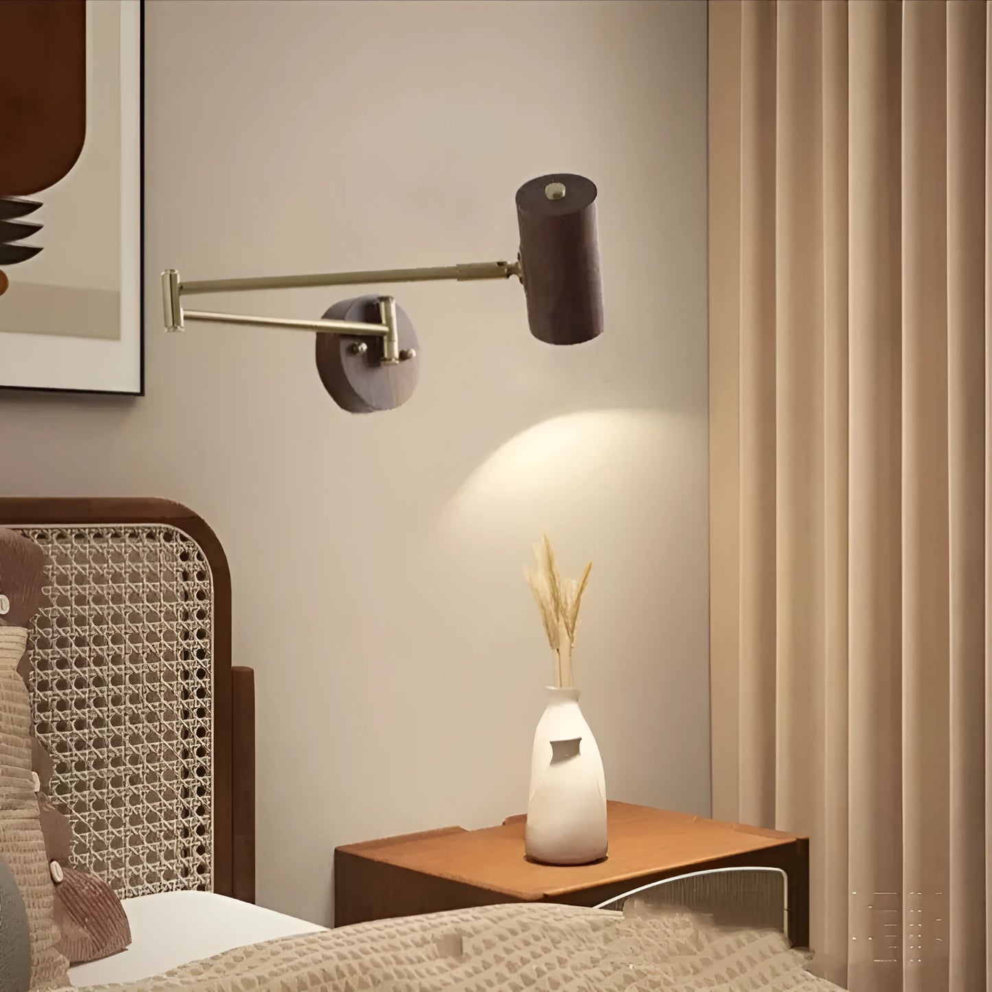 Retro wooden wall lamp with long rotating arm and integrated switch for adjustable spotlighting