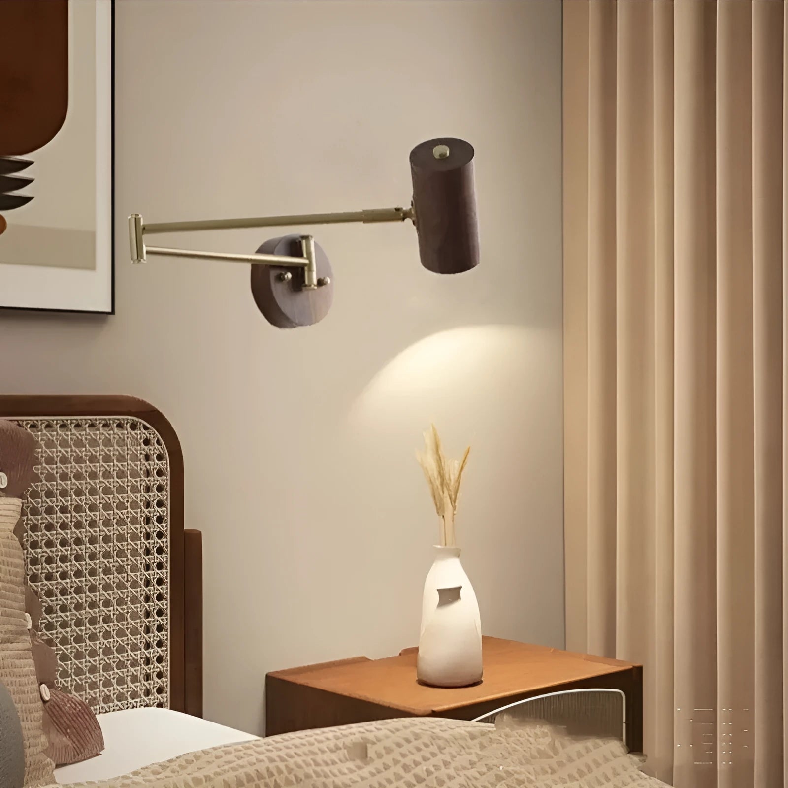Retro wooden wall lamp with long rotating arm and integrated switch for adjustable spotlighting