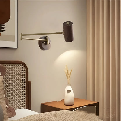 Retro wooden wall lamp with long rotating arm and integrated switch for adjustable spotlighting