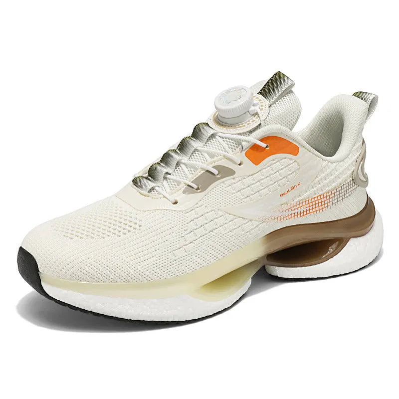 Men's white low-top running sneakers with a buckle fastener and mesh upper.
