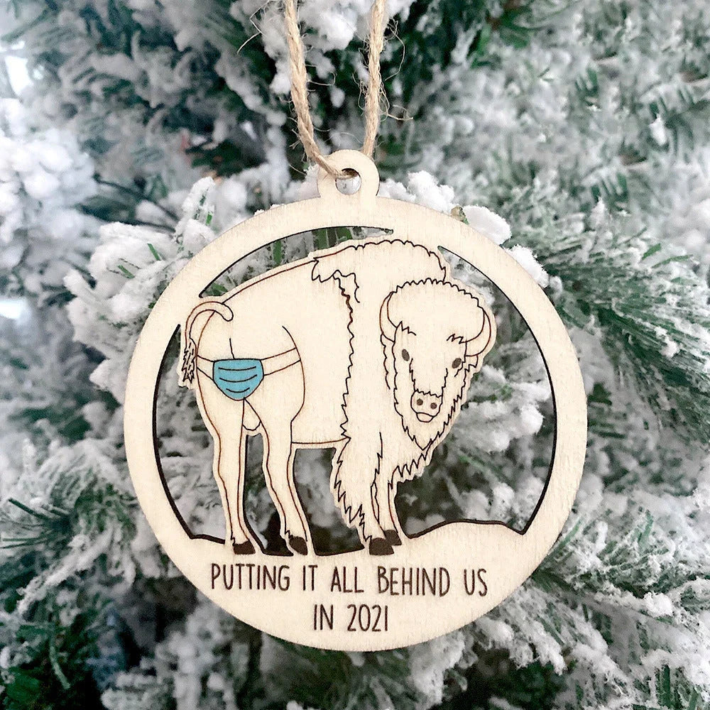 Laser-cut wooden Christmas tree pendant with lovers, snowman, and deer designs