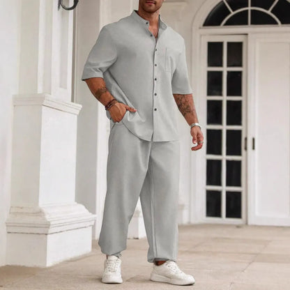 Men's cotton linen casual trousers set with short-sleeved button shirt in black, grey or apricot